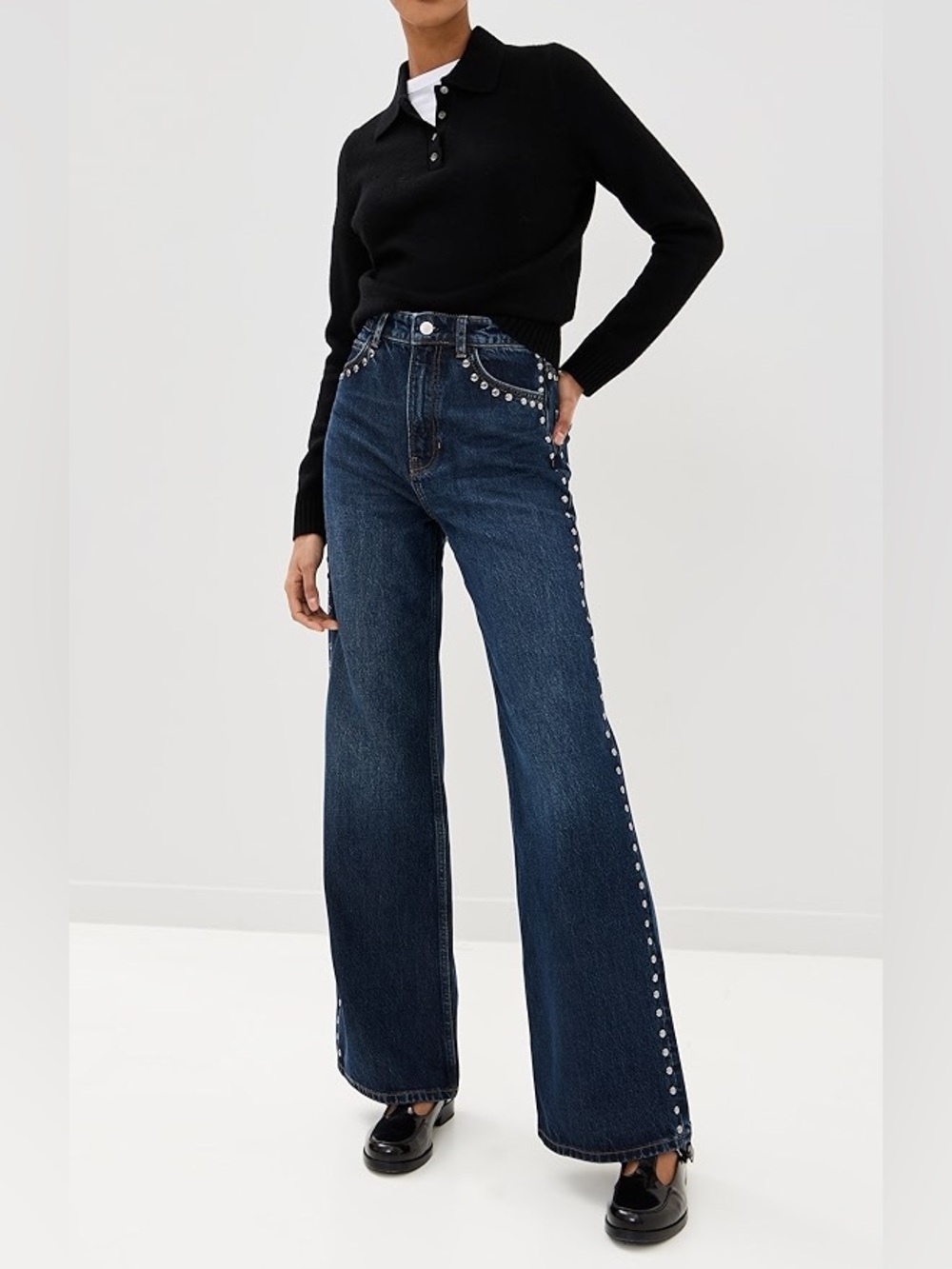 Reformation Cary High Rise Stud-Trim Jeans in Dark Wash